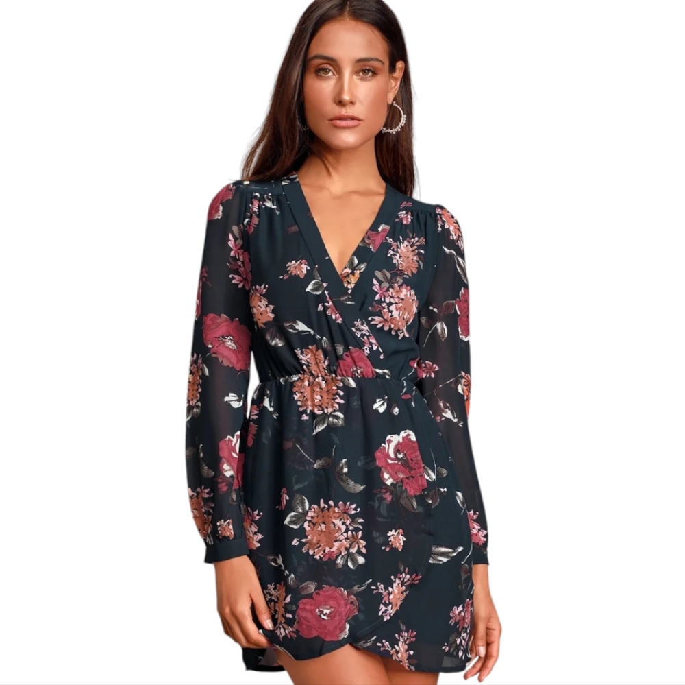 Lulu's Pretty Pretender Navy Floral Print Dress Size Small Navy Floral